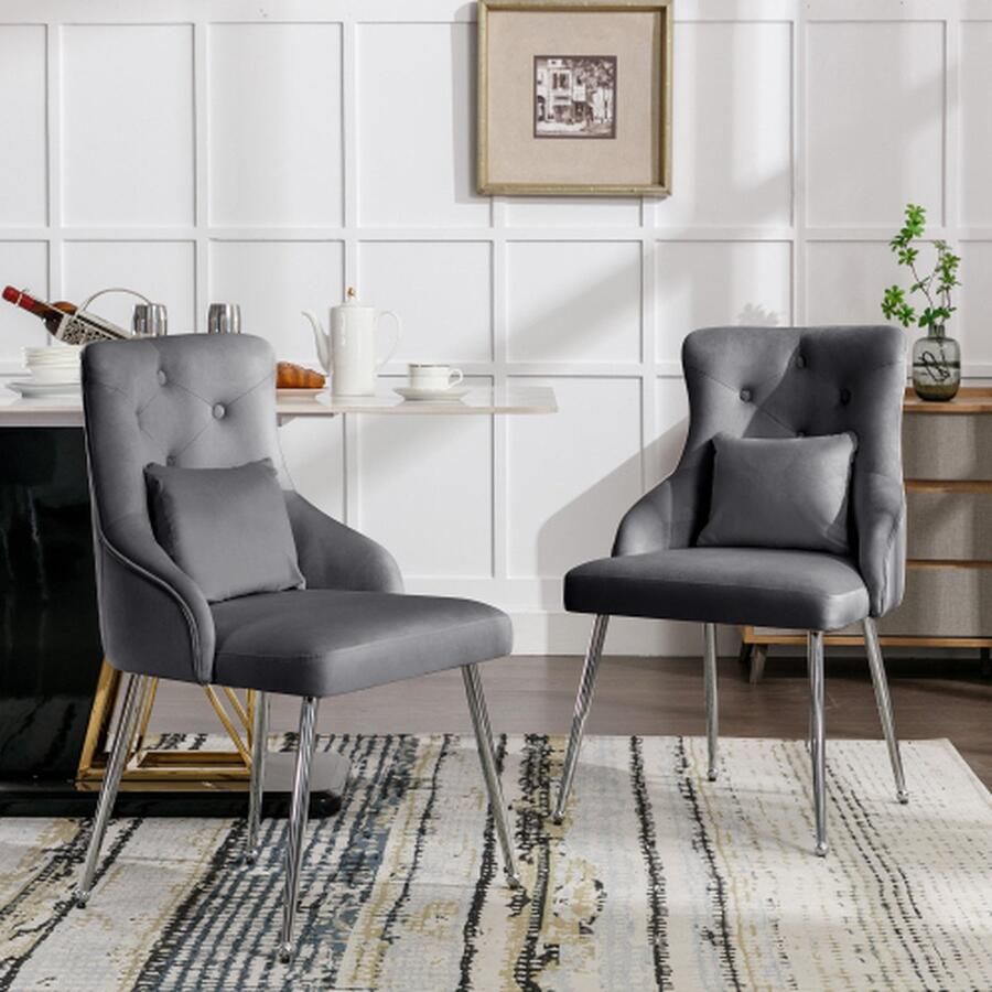 Merlooks Set van 2 eetkamerstoelen met knopenpatroon Gestoffeerde fauteuil Stoelen met metalen poten Moderne loungestoel Slaapkamer woonkamerstoel met lendenkussen Grijs