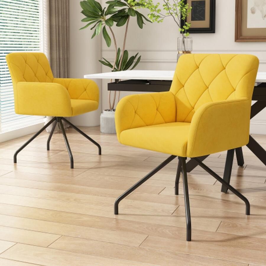 Merlooks Set van 2 eetkamerstoelen met ruitpatroon gestoffeerde armstoel met 4 metalen poten moderne loungestoel stoel voor woonkamer slaapkamer studeerkamer en bureau gemaakt van spons en fluweel lichtgeel