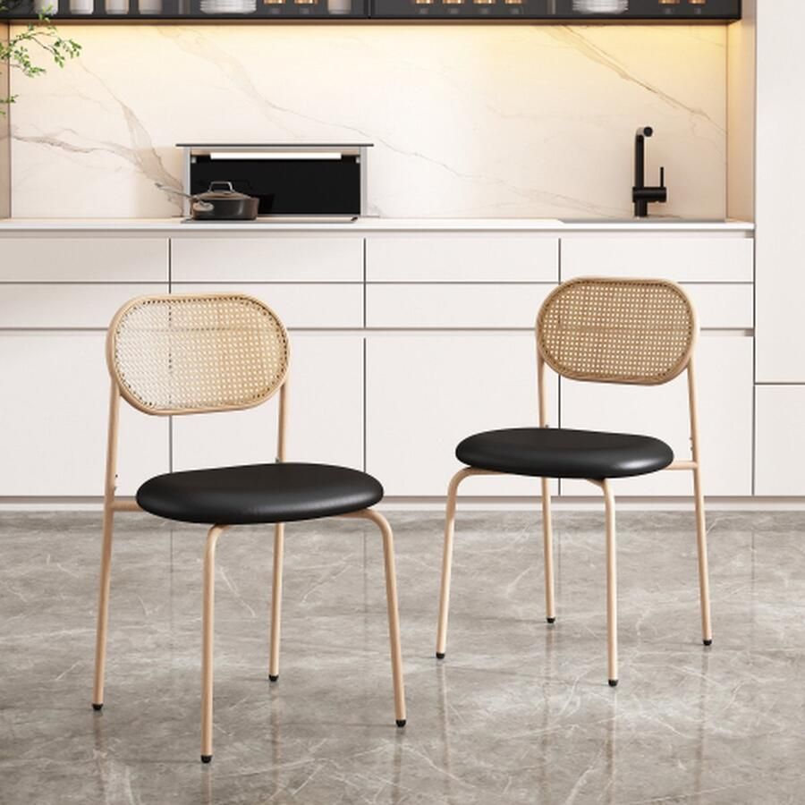 Merlooks Set van 2 eetkamerstoelen Moderne eenvoudige vrijetijdsstoel met vier metalen steunpoten Rotan vrijetijdsstoel Woonkamer en slaapkamerstoel Zwart