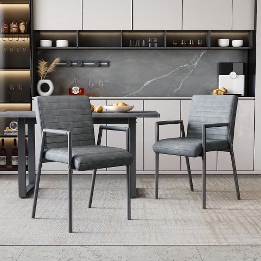 Merlooks Set van 2 verticaal gestreepte eetkamerstoelen Gestoffeerde stoel met metalen poten Moderne loungestoel Woonkamerstoel voor slaapkamer Fauteuil Zwart