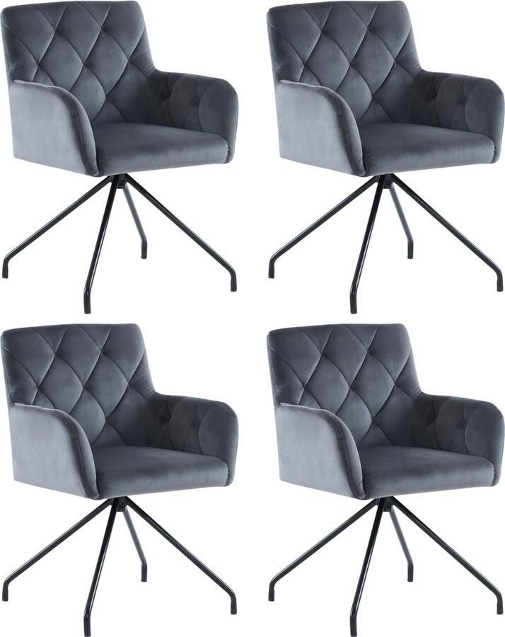 Merlooks Set van 4 eetkamerstoelen met ruitpatroon gestoffeerde fauteuil met 4 metalen poten moderne loungestoel woonkamerstoel voor slaapkamer studeerkamer en bureau lendensteun fluweel grijs