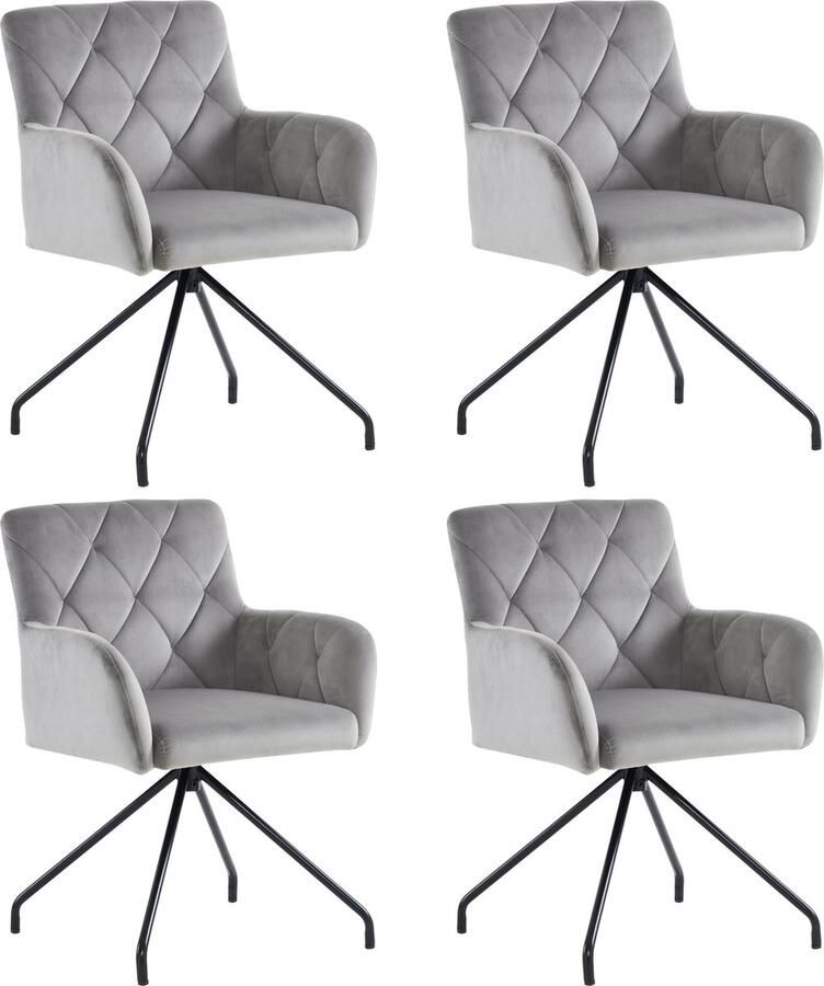 Merlooks Set van 4 eetkamerstoelen met ruitpatroon gestoffeerde fauteuil met 4 metalen poten moderne loungestoel woonkamerstoel voor slaapkamer studeerkamer en bureau lendensteun fluweel lichtgrijs