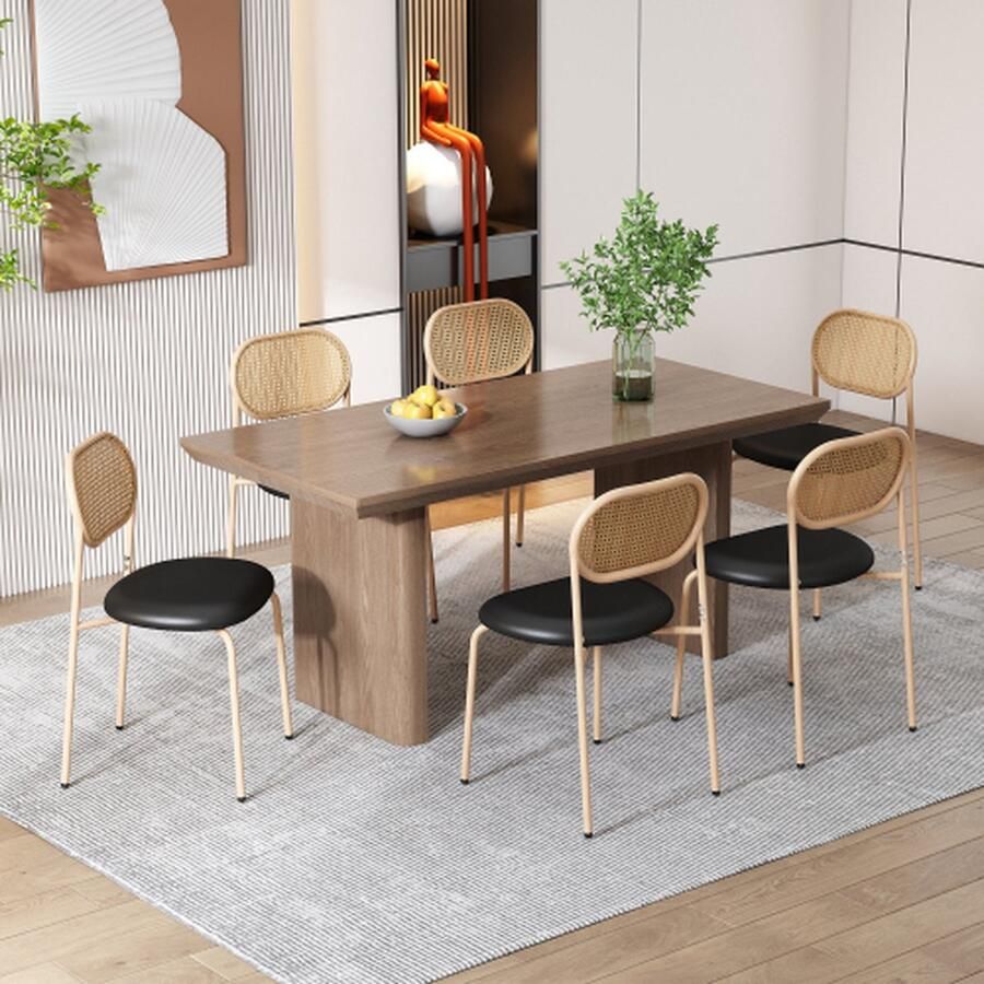 Merlooks Set van 6 eetkamerstoelen Moderne eenvoudige vrijetijdsstoel met vier metalen steunpoten Rotan vrijetijdsstoel Woonkamer en slaapkamerstoel Zwart