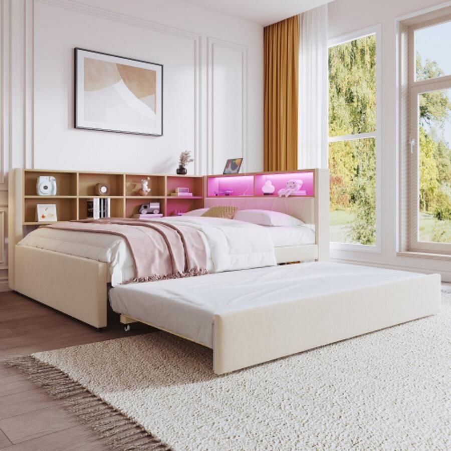 Merlooks Slaapbank 140*200 uitschuifbed 90*190 uitgerust met ledverlichting stopcontacten en veel opbergvakken gestoffeerd bed multifunctionele slaapbank eenpersoonsbed flanel beige