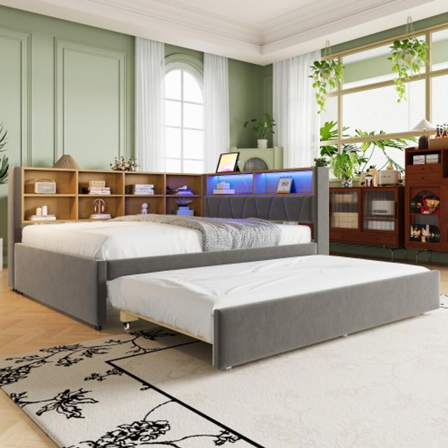 Merlooks Slaapbank 140*200 uitschuifbed 90*190 uitgerust met ledverlichting stopcontacten en veel opbergvakken gestoffeerd bed multifunctionele slaapbank eenpersoonsbed flanel donkergrijs