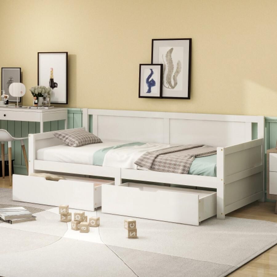 Merlooks Slaapbank 90*200 eenpersoonsbed met twee opbergvakken massief houten frame massief houten bed jeugdbed kinderbed wit