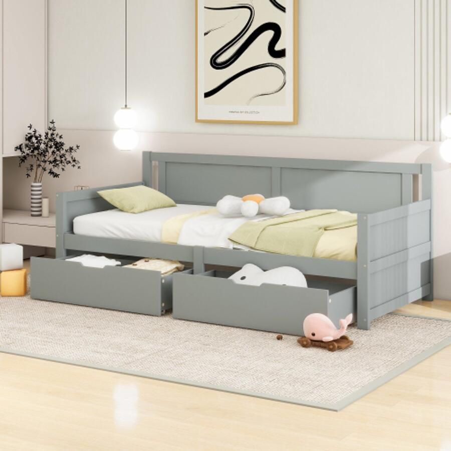 Merlooks Slaapbank 90*200 eenpersoonsbed met twee opbergvakken massief houten frame massief houten bed jeugdbed kinderbed grijs