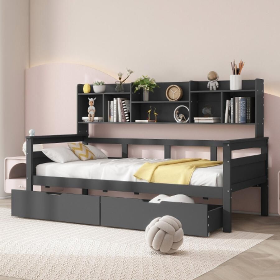 Merlooks Slaapbank 90x200 lades en planken lattenbodem kinderbed jeugdbed eenpersoonsbed massief houten bed grijs