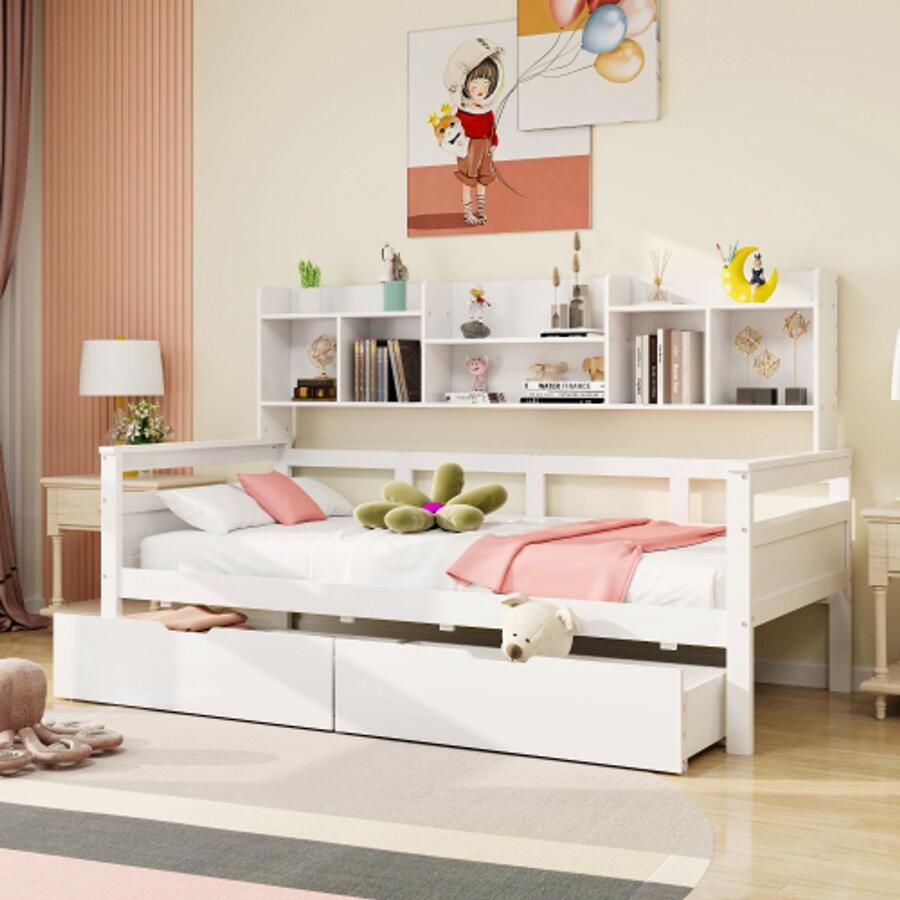 Merlooks Slaapbank 90x200 lades en planken lattenbodem kinderbed jeugdbed eenpersoonsbed massief houten bed wit