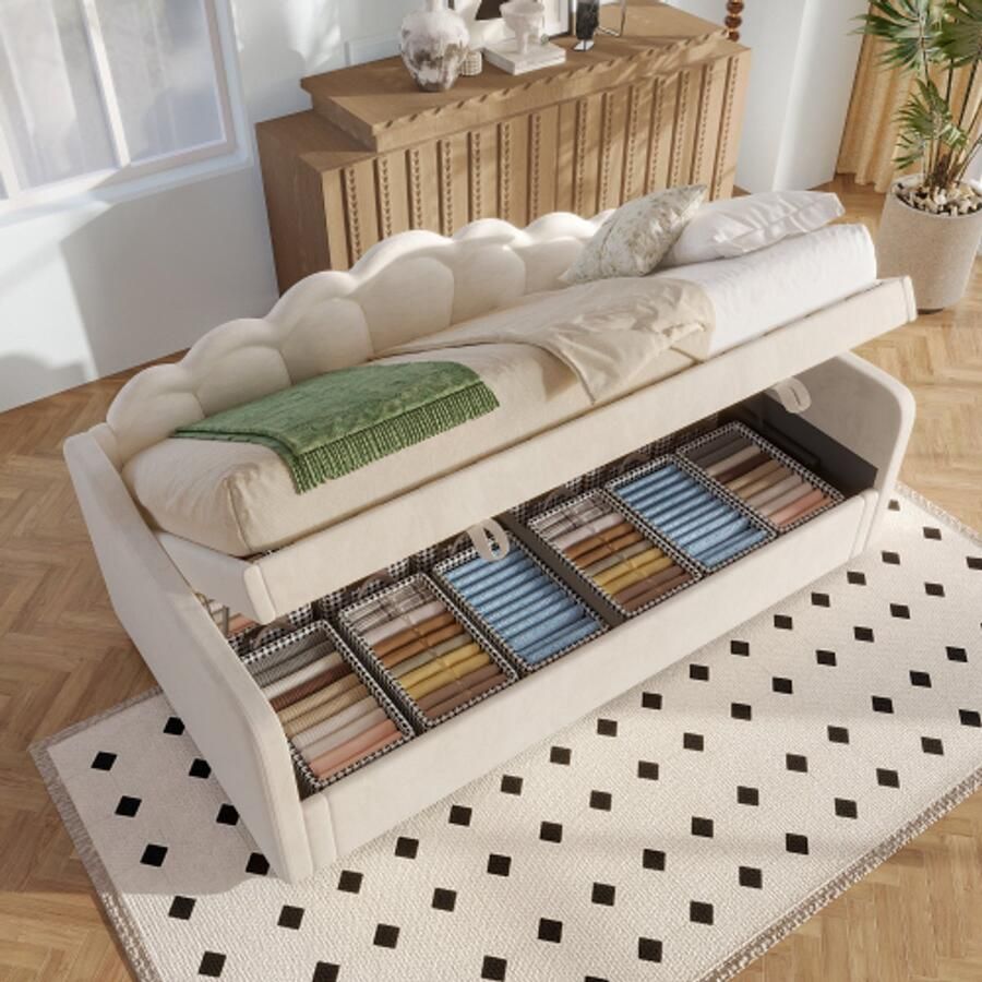 Merlooks Slaapbank hydraulisch bed met opbergruimte eenpersoonsbed (zonder matras) fluweel LED-strip met kleurwisseling 90x200cm beige