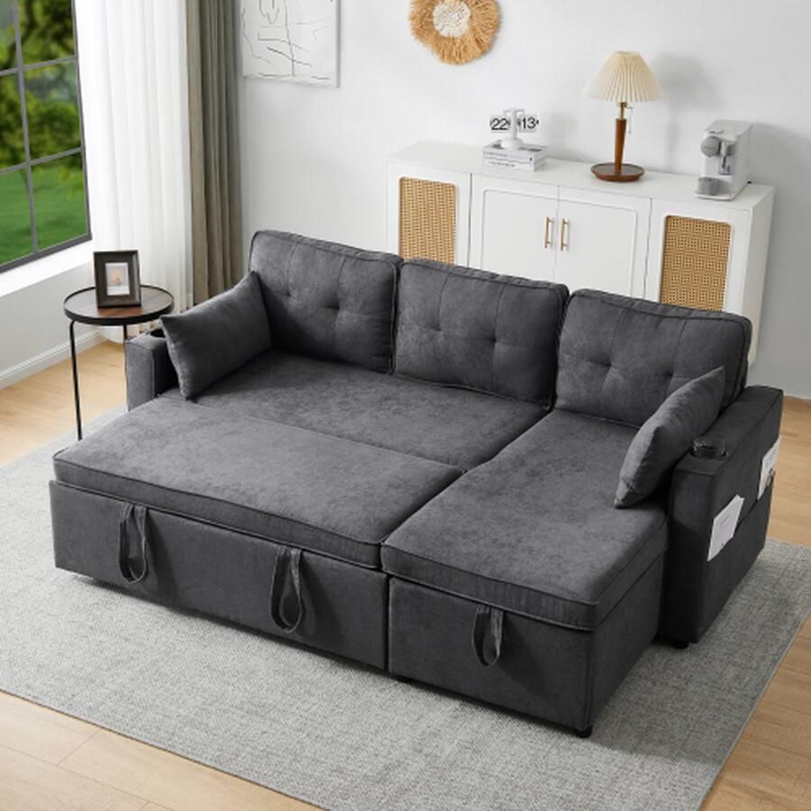 Merlooks Slaapbank met slaapfunctie L-vormige bank modern design gestoffeerd meubilair sofa loungestoel met opbergruimte met bekerhouder slaapbank voor in de woonkamer links en rechts grijs verwisselbaar