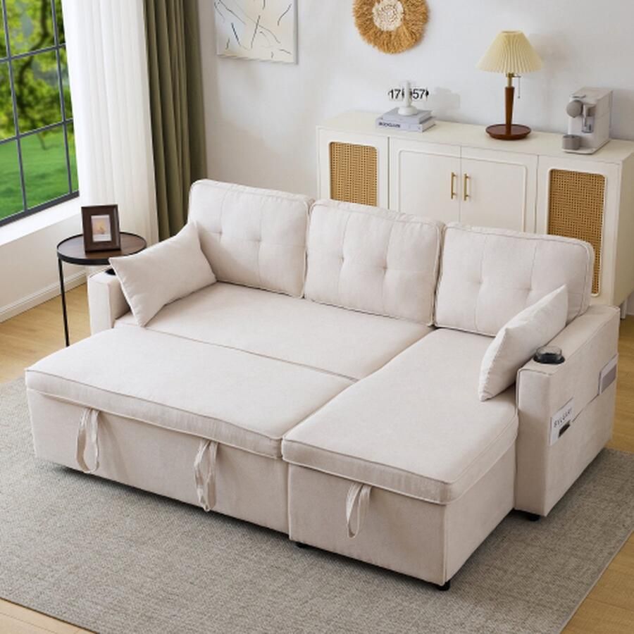 Merlooks Slaapbank met slaapfunctie L-vormige bank modern design gestoffeerd meubilair sofa loungestoel met opbergruimte met bekerhouder slaapbank voor in de woonkamer links en rechts beige verwisselbaar