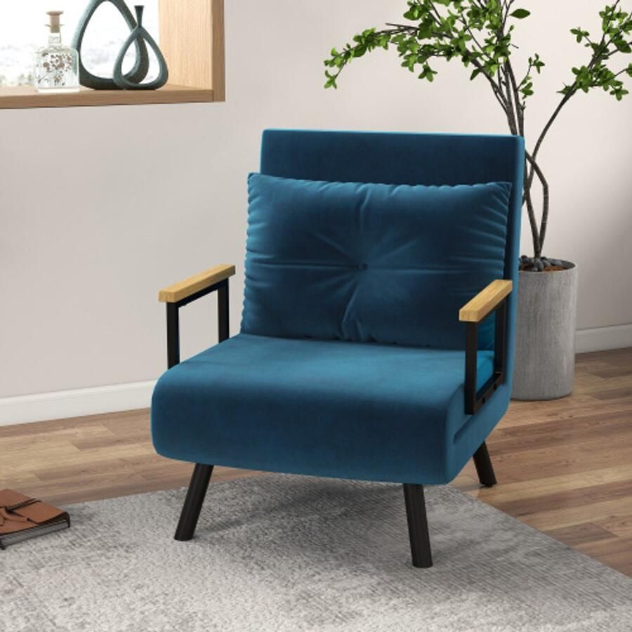 Merlooks Slaapbank Relaxfauteuil Bedfunctie Gastenbed Fluwelen rugkussens Verstelbare rugleuning Blauw 63x73x81cm