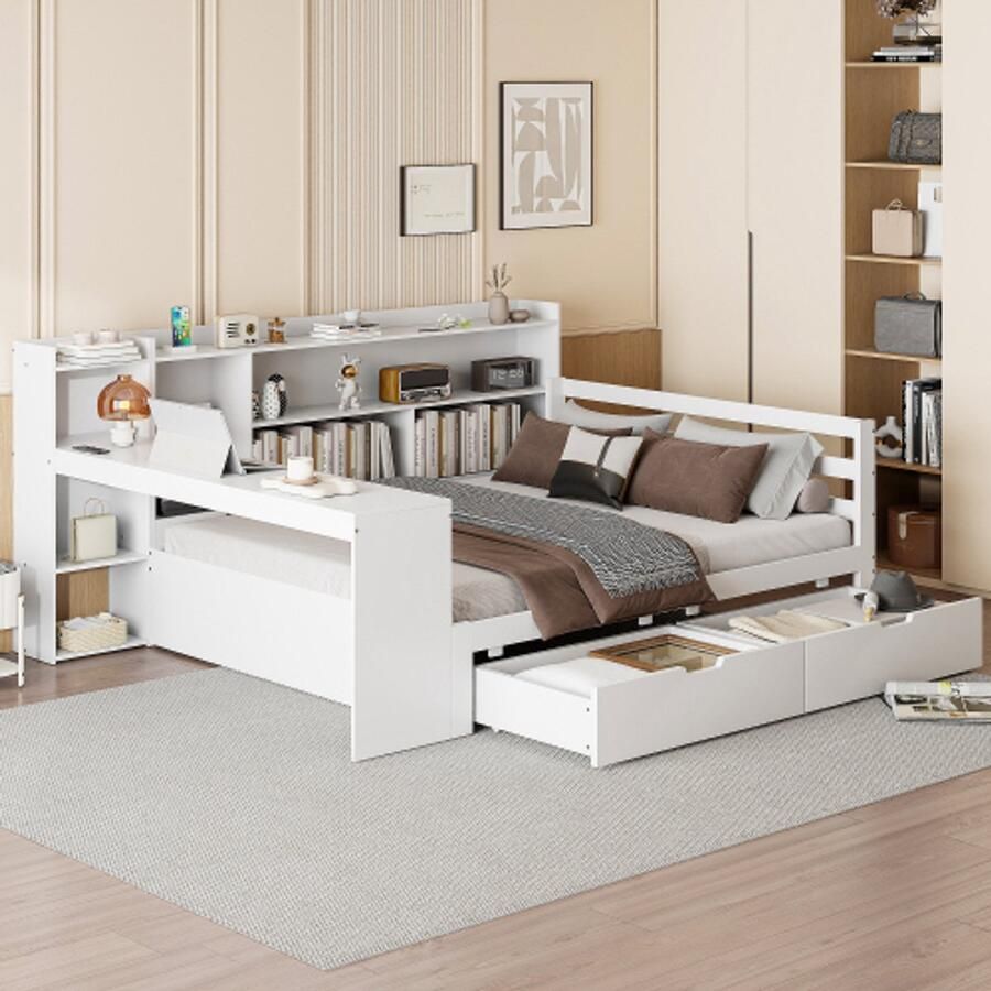 Merlooks Slaapbank van massief hout 140*200 cm met bureau boekenrek opbergvakken en planken met stopcontact met 2 grote opbergvakken multifunctioneel houten bed wit