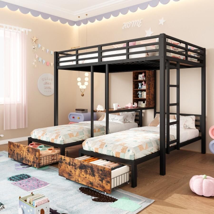 Merlooks Stapelbed 140 x 200 cm +90 x 200 cm 3 bedden met zijhekken met opbergvakken 2 laden planken zonder matras zwart