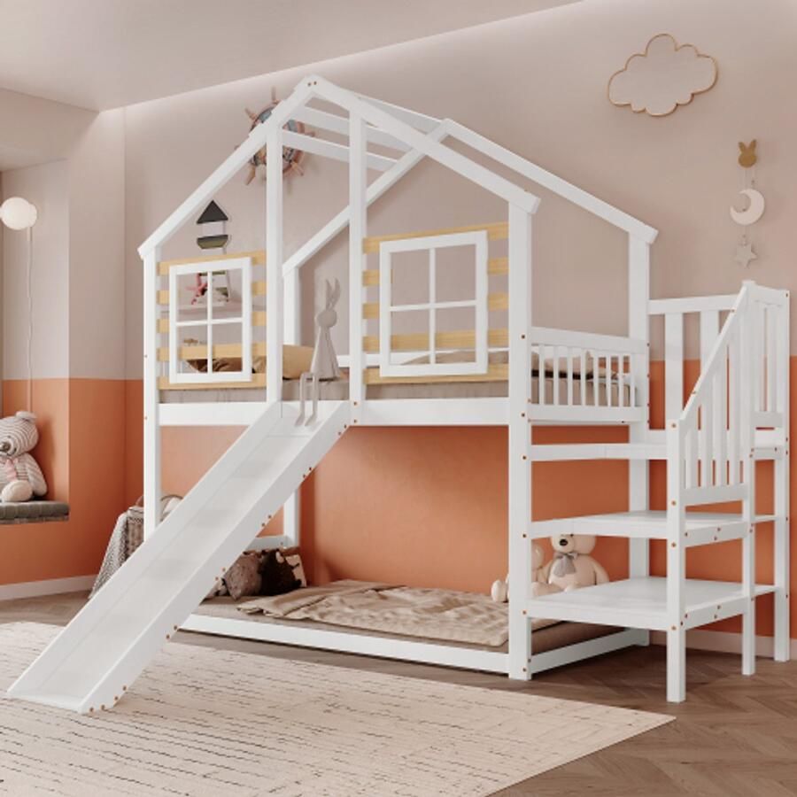 Merlooks Stapelbed houten bed met trap en spijlen met glijbaan en raam blokhut kinderbed met valbeveiliging bedframe van massief hout wit (90x200 cm)