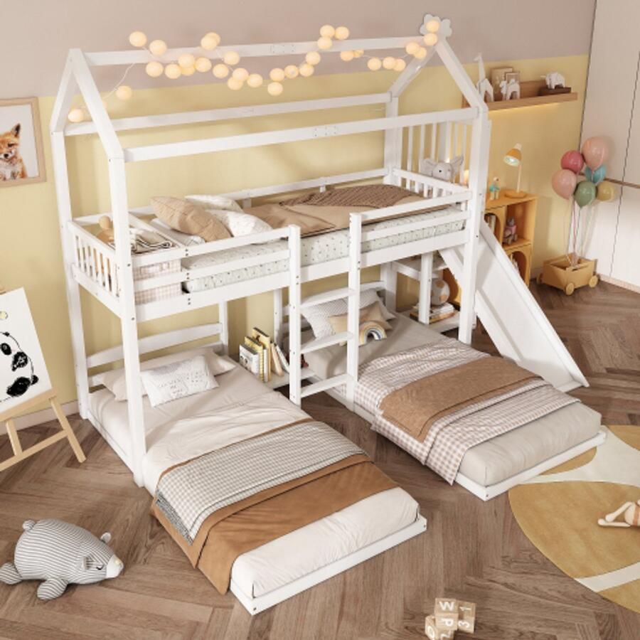 Merlooks Stapelbed kinderbed stevige bedframeconstructie met glijbaan uniek dakontwerp ontwerp met drie slaapplaatsen opbergruimte in het bovenste bed grenen + MDF wit 90 x 200 cm