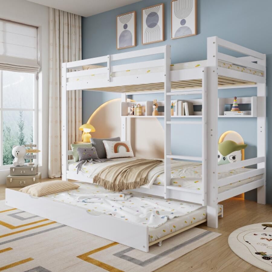 Merlooks Stapelbed kinderbed uitschuifbaar bed met wieltjes met een reeks planken van 2 meter lang stevige lattenbodem en ladder grenen + MDF + multiplex wit 90x200cm