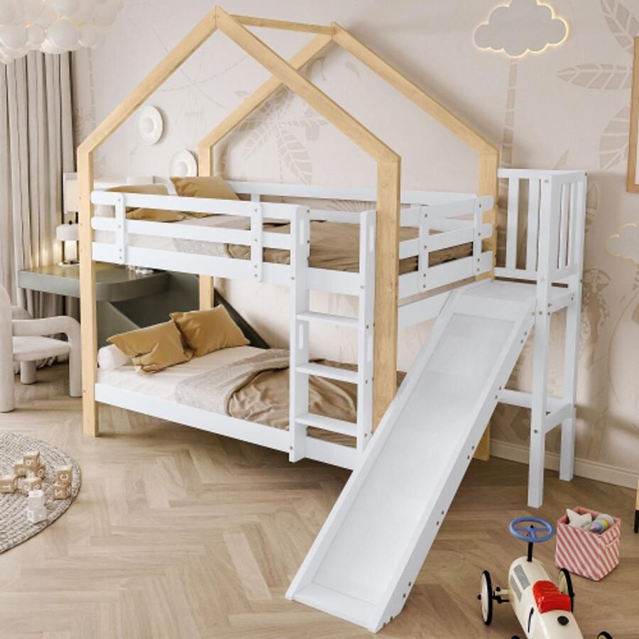 Merlooks Stapelbed met glijbaan en drie treden tellende hoekladder huisbed met valbeveiliging kinderbed bedframe van massief hout wit+naturel 90x200cm