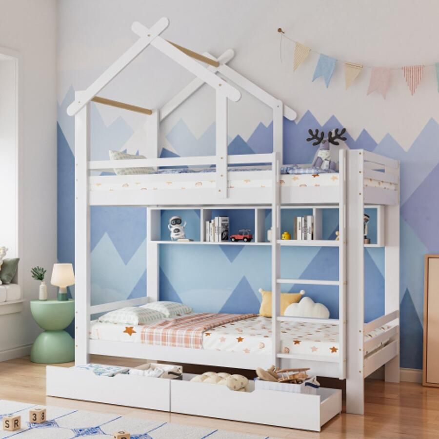 Merlooks Stapelbed met lades en planken huisbed met drie treden rechte ladder kinderbed met valbeveiliging en spijlen frame van grenenhout wit (90x200cm)