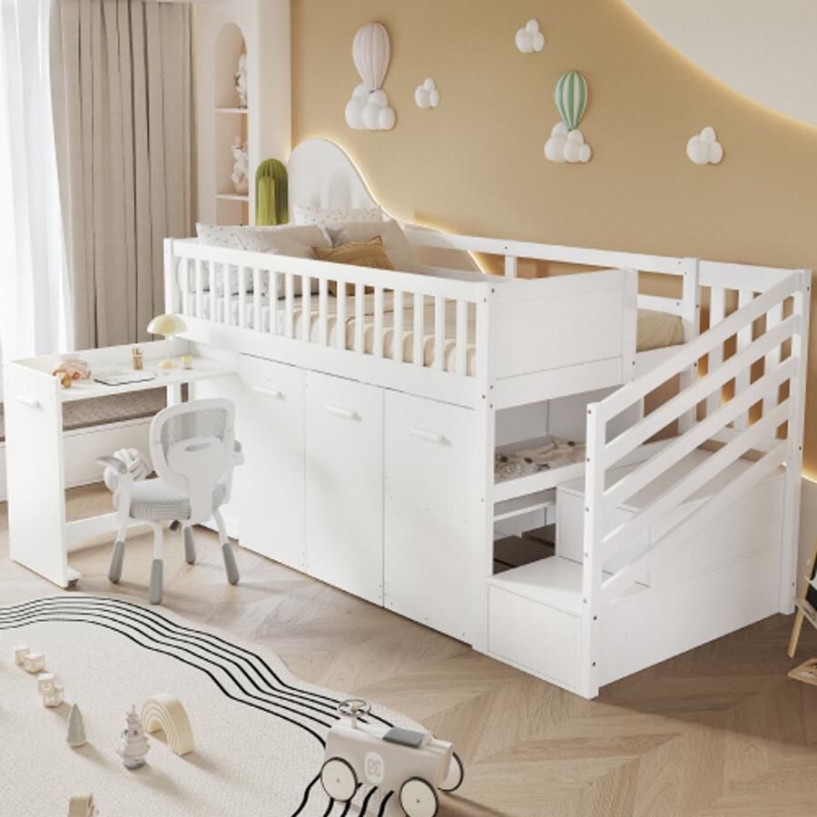 Merlooks Stapelbed multifunctioneel bed kinderbed met valbeveiliging en spijlen met bureau kledingkast kluisjes met 2 kluisjes in de trap grenen + MDF wit 90 x 200 cm