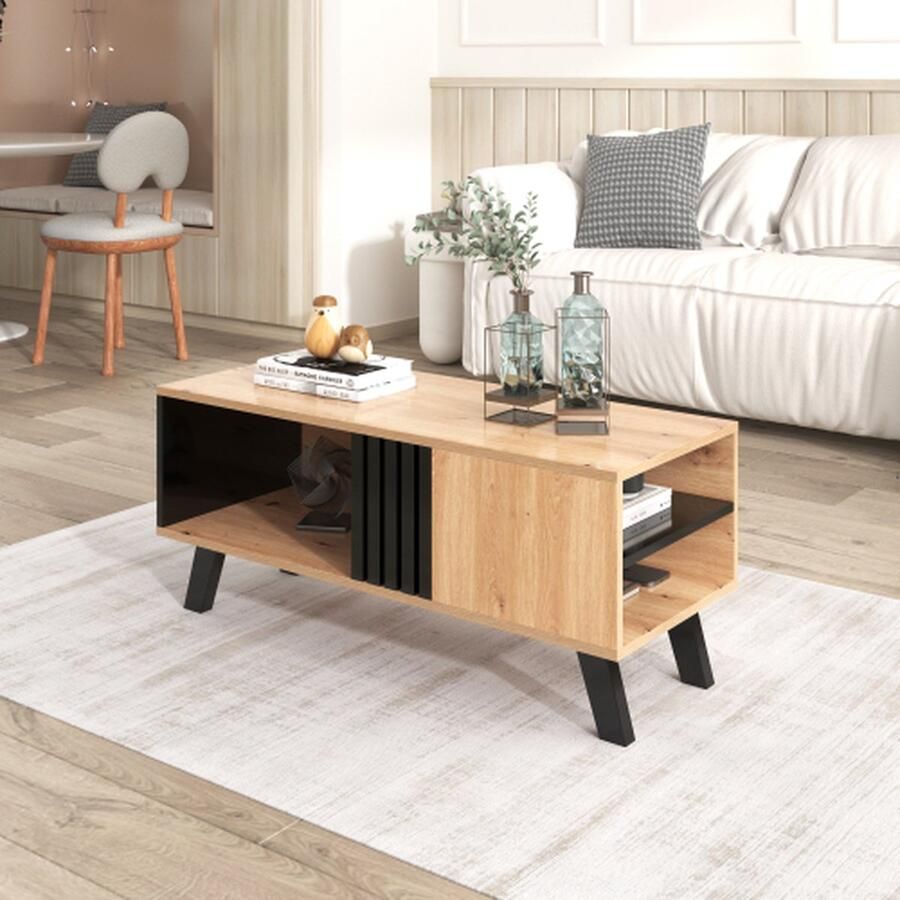 Merlooks Stijlvol en elegant: salontafel van 100 x 60 x 53 cm in gekleurd hout en zwart design woonkamertafel met lade bijzettafel veelzijdige opbergruimte en unieke uitstraling