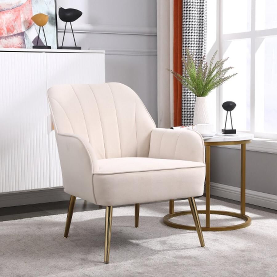 Merlooks Stoelen voor woonkamer slaapkamer kantoor vrije tijd gewatteerde enkele fauteuil comfortabele stoel leesclub koffiestoel met metalen poten (wit)