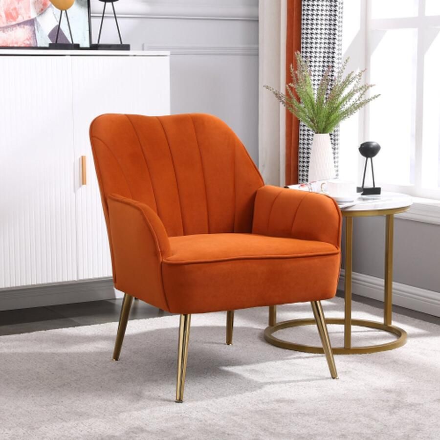 Merlooks Stoelen voor woonkamer slaapkamer kantoor vrije tijd gewatteerde enkele fauteuil comfortabele stoel leesclub koffiestoel met metalen poten (oranje)