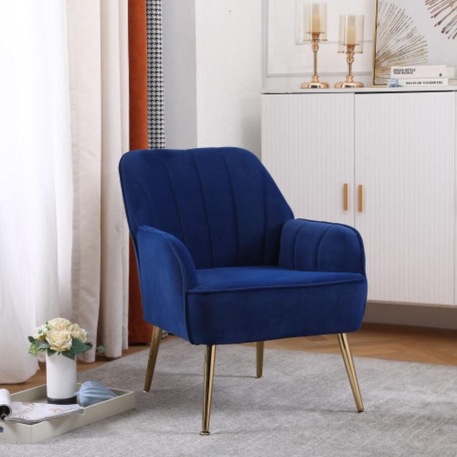 Merlooks Stoelen voor woonkamer slaapkamer kantoor vrije tijd gewatteerde enkele fauteuil comfortabele stoel leesclub koffiestoel met metalen poten (blue)