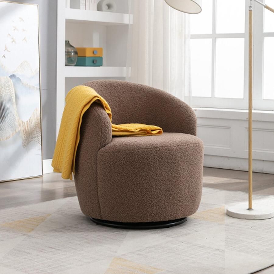 Merlooks Teddy Stoffen Draaibare Fauteuil Barrel Stoel met Zwarte Poeder Coating Metalen Ring Bruin