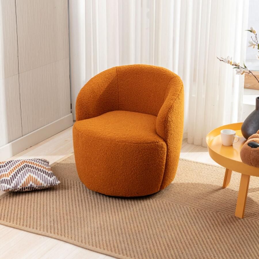 Merlooks Teddy Stoffen Draaibare Fauteuil Barrel Stoel met Zwarte Poeder Coating Metalen Ring Oranje