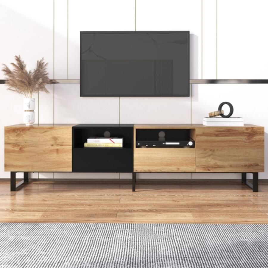 Merlooks TV kast Moderne TV-standaard met zwart en houtkleurig design – ruime opbergruimte robuuste constructie