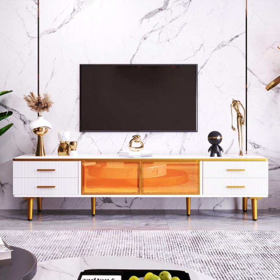 Merlooks TV-meubel in marmerlook TV-meubel met 4 poten 4 gestructureerde laden met gouden handgrepen en twee deuren van bruin gehard glas modern TV-lowboard voor woonkamer 170*37*47 5cm