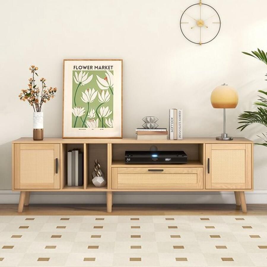 Merlooks TV opbergkast TV kast Ruime 180-cm TV kast met rotan decoratie 2-deuren en een lade massief houten poten biedt ruimte voor een 80-inch TV