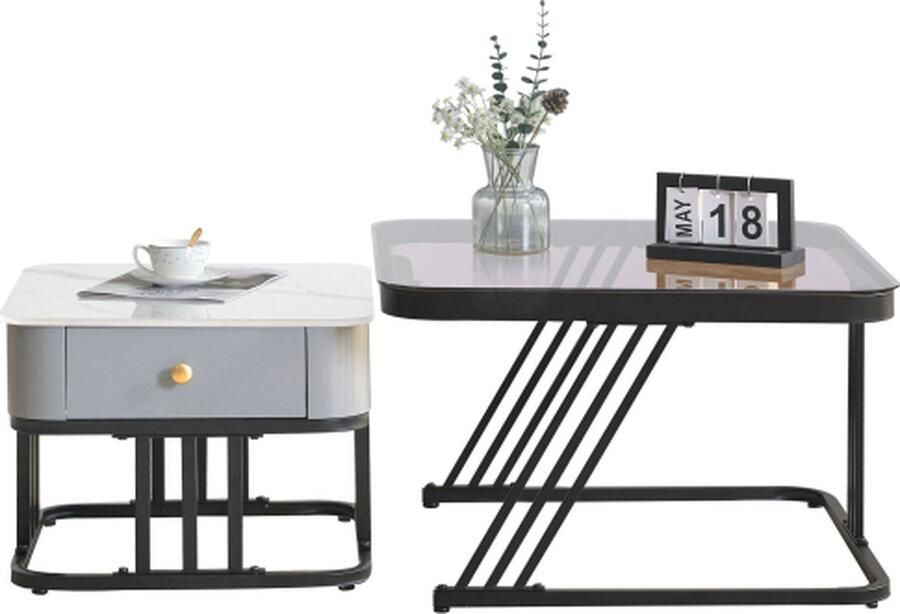 Merlooks Tweedelige premium salontafel blauwgroen glas en marmeren leistenen blad met massief houten laden