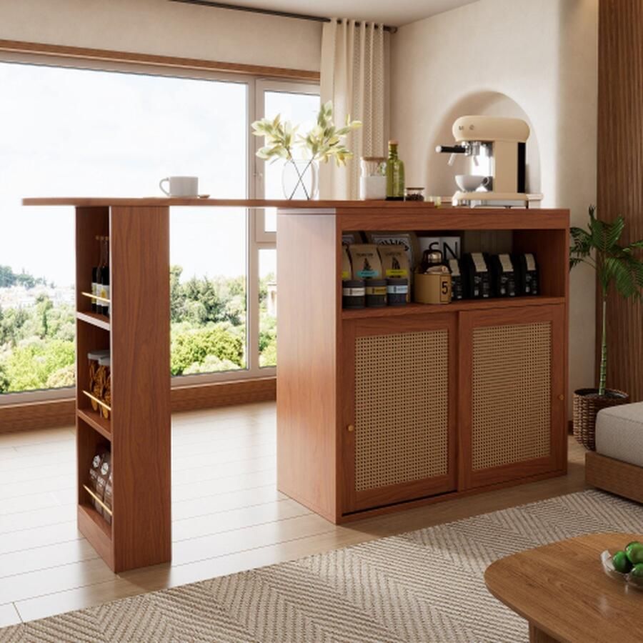 Merlooks Uitschuifbare bartafel met opbergruimte rotan vlechtwerk op de deurfronten verstelbare planken bartafel bistrotafel hoge tafel keukeneiland keukentafel klein huis bar 138-193×39×104cm