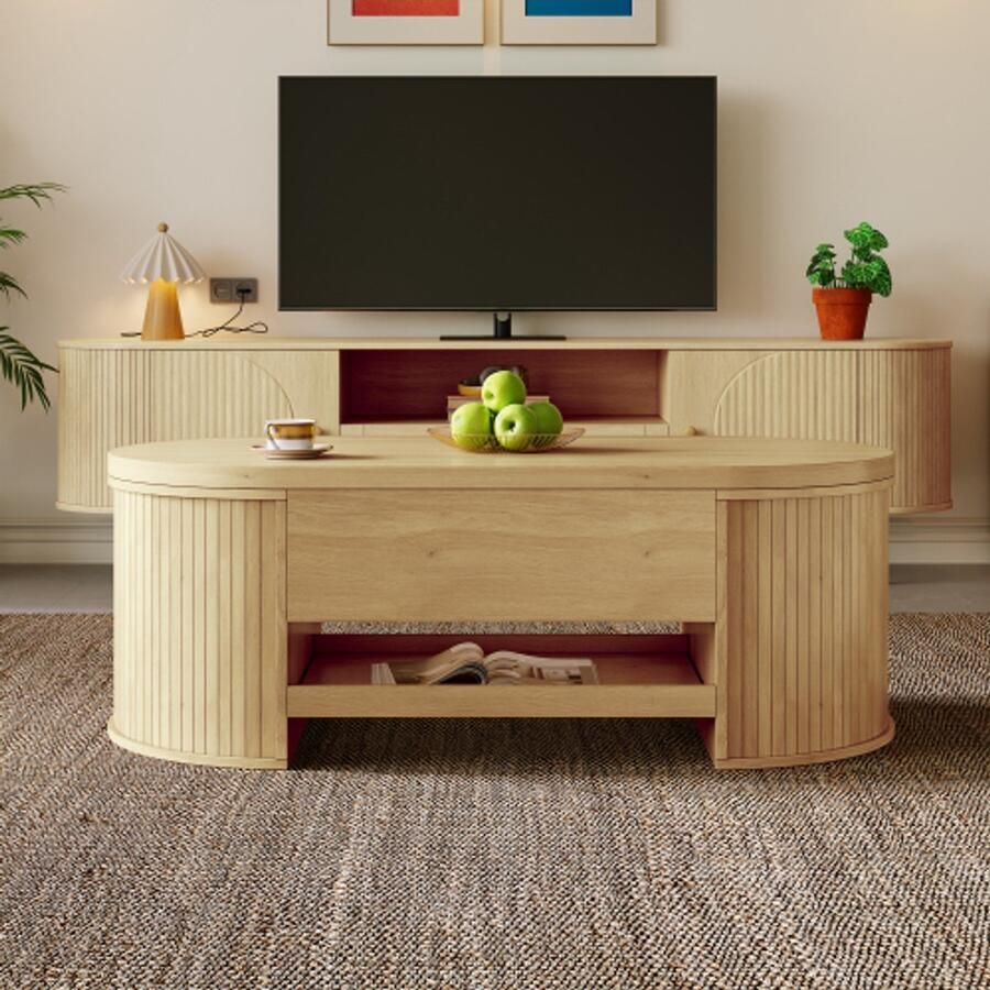 Merlooks Verhoogbare salontafel met gebogen houten zijkanten uitschuifbaar schap verhoogbaar tafelblad multifunctioneel woonkamermeubilair