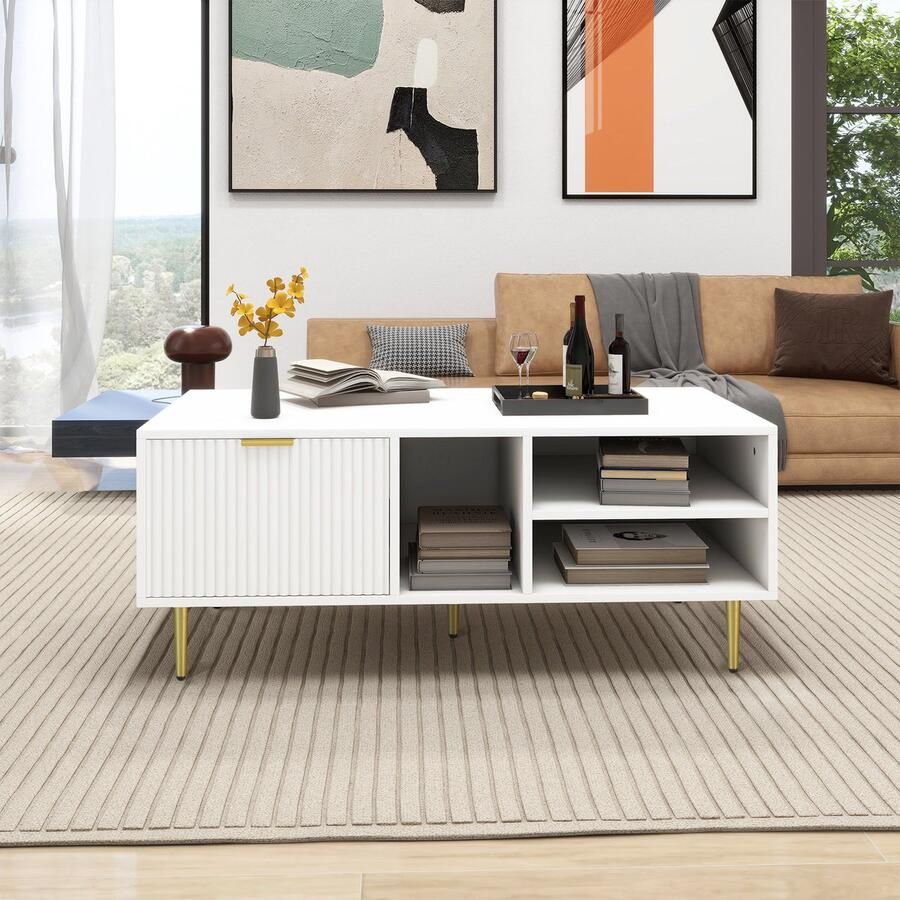Merlooks Elegante witte salontafel met gouden rand één lade 3 vakken voor open opbergruimte voeg stijl toe aan uw woonkamer vierkante salontafel elegante lichte luxe