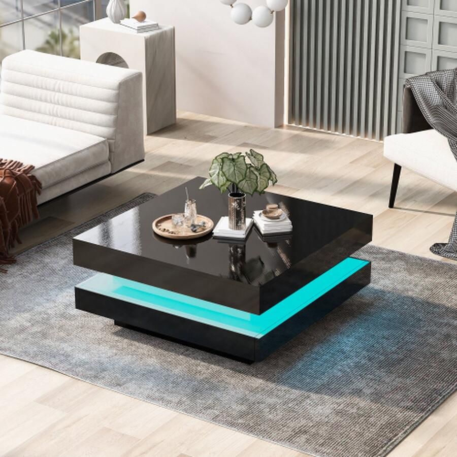 YJZQ Vierkante salontafel in zwart moderne technologische stijl met 16-kleuren LED verlichting 70x70x36 cm max. lading 30 kg