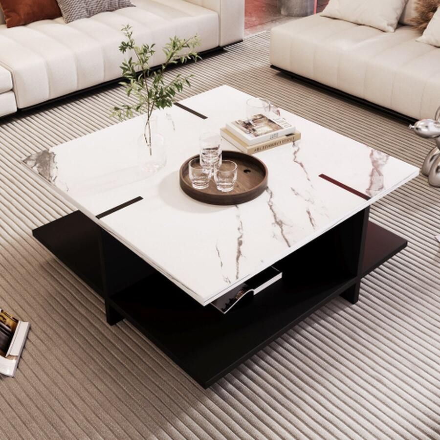 Merlooks Vierkante salontafel modern en minimalistisch zwart-wit ontwerp wit marmeren look