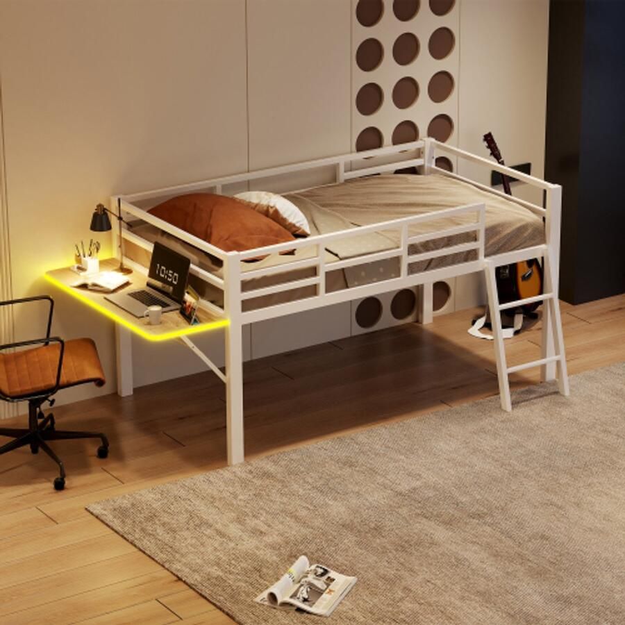 Vlak bed 90 x 200 cm metalen bed zonder matras leuning ladder bureau op afstand bedienbare LED-lichtstrip wit