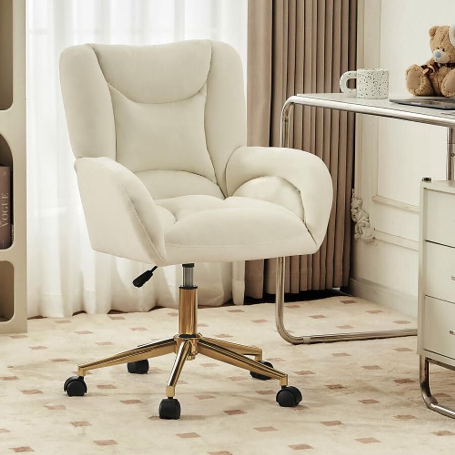 Merlooks Volledig KD fluwelen stof bureaustoel In hoogte verstelbare bureaustoel voor thuis met gouden poten wit