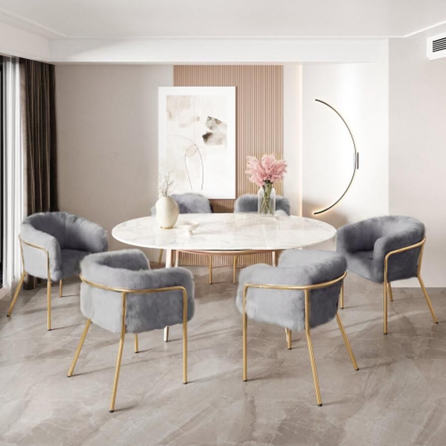 Merlooks Vrije Tijd Stoel Enkel Dressing Stoel Woonkamer en Slaapkamer Lichte Luxe Eetkamerstoel met Vier Metalen Steunpoten Konijn Down Imitatie Grijs 6-delig