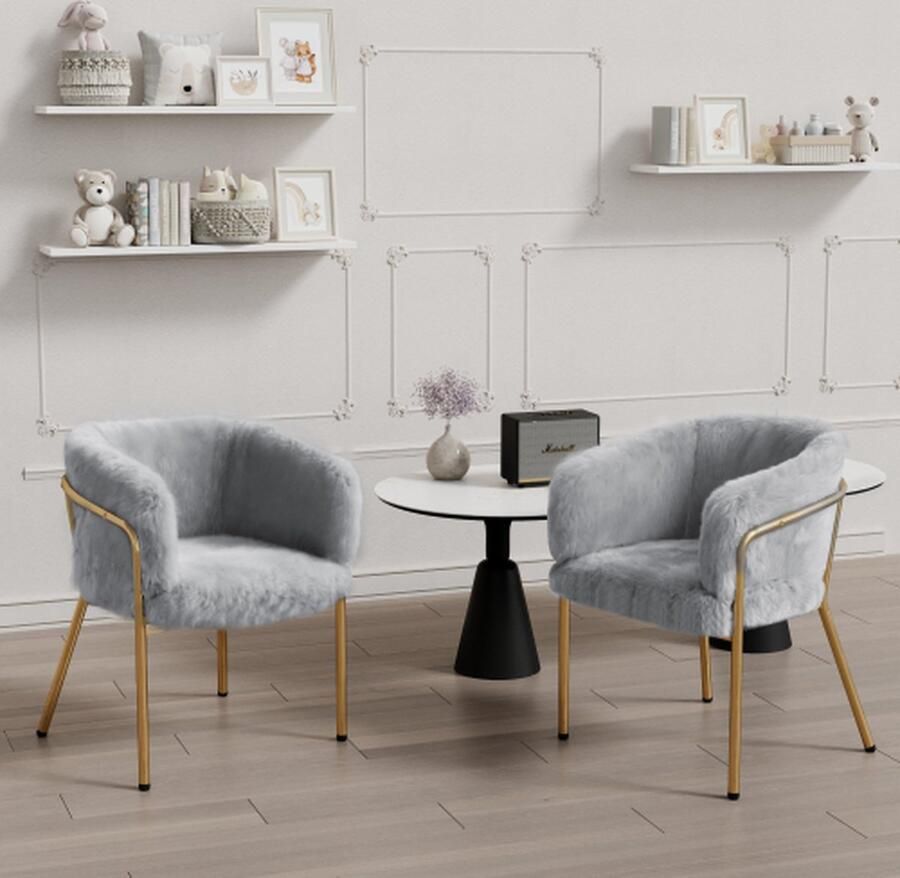 Merlooks Vrije Tijd Stoel Enkel Dressing Stoel Woonkamer en Slaapkamer Lichte Luxe Eetkamerstoel met Vier Metalen Steunpoten Konijn Down Imitatie Grijs 2-delig