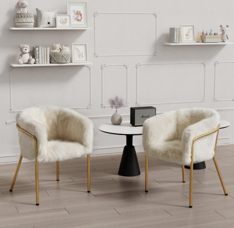 Merlooks Vrije Tijd Stoel Enkel Dressing Stoel Woonkamer en Slaapkamer Lichte Luxe Eetkamerstoel met Vier Metalen Steunpoten Konijn Down Imitatie Beige 2-delig