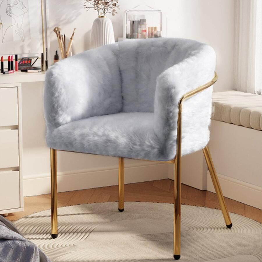 Merlooks Vrije Tijd Stoel Enkel Dressing Stoel Woonkamer en Slaapkamer Lichte Luxe Eetkamerstoel met Vier Metalen Steunpoten Konijn Down Imitatie Grijs 1-delig