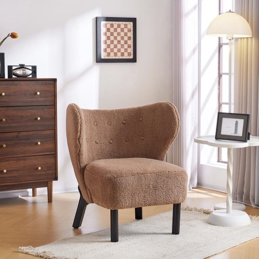 Merlooks Vrije Tijd Stoel Woonkamer-Slaapkamer Balkon in Moderne Stijl met Hoge Rugleuning en Houten Poten Lamswolstoel Teddy Fluwelen Stoel Vrije Tijd Fauteuil Eenpersoons Sofa Stoel Lounge Fauteuil Gestoffeerde Fauteuil Bruin