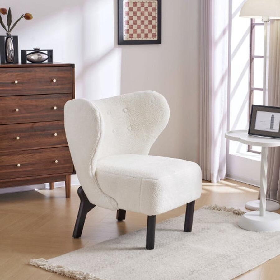 Merlooks Vrije Tijd Stoel Woonkamer-Slaapkamer Balkon in Moderne Stijl met Hoge Rugleuning en Houten Poten Lamswolstoel Teddy Fluwelen Stoel Vrije Tijd Fauteuil Eenpersoons Sofa Stoel Lounge Fauteuil Gestoffeerde Fauteuil Wit