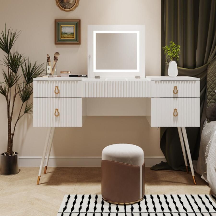 Merlooks Witte kaptafel (zonder stoelen) inclusief LED-spiegel met instelbare helderheid luxe vergulde accessoires en meerdere opbergruimtes met 4 laden bureau univer Wit