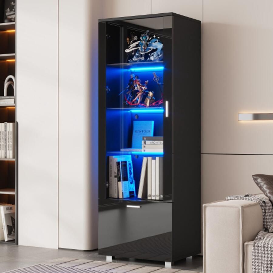 Merlooks Zwarte hoogglans vitrines met glazen deuren LED-verlichte glazen vitrines voor verzamelobjecten parfumkasten boekenkasten en glazen vitrines met zwarte hoogglans deuren (3 legplanken)